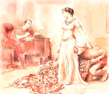 "Cleopatra confronts Caesar (emerging from a roll of carpet)"