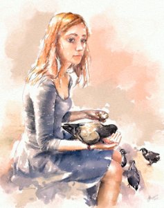 "Girl with pigeons". Free illustration for personal and commercial use.