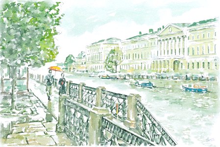 "Rainy walk on the Fontanka river, Saint Petersburg". Free illustration for personal and commercial use.