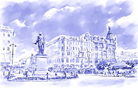 "View to Nevsky Prospect from Kazan Cathedral, with the statue of Barclay de Tolly and Singer House"
