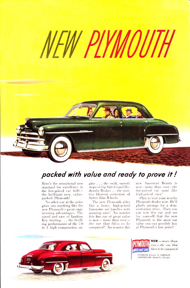 1950 Plymouth Sedan USA Original Magazine Advertisement
