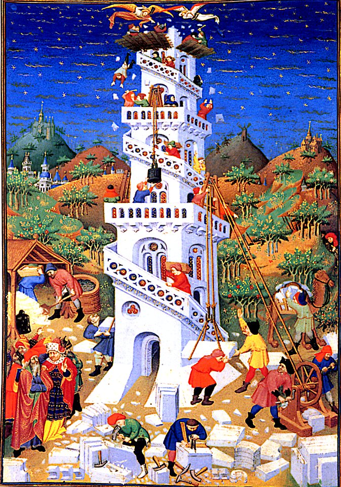 TOWER OF BABEL--Medieval illumination--public domain