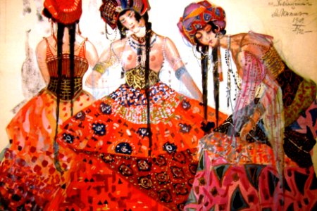 Costume designs for dancers in Musorgsky's Khovanshchina by Aleksandr Vasilievich Lozhkin for Sergei Diaghilev's 1913 production, score completed by Ravel and Stravinsky. A.A. Bakhrushin State Central Theatre Museum