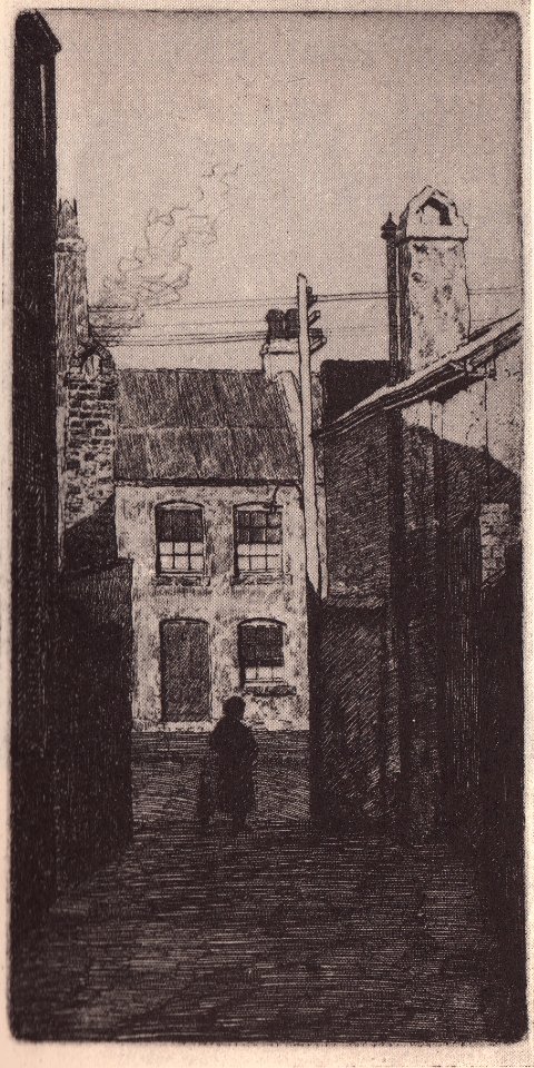 Matthew Place. Looking into Princes Street from Upper Fort Street (now demolished) by Sydney Ure Smith (1926)