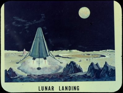 Early artist conception of lunar module landing on the moon. Free illustration for personal and commercial use.