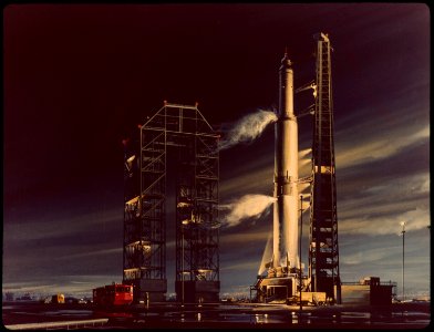 Artist concept painting of Apollo booster before lift-off. Free illustration for personal and commercial use.