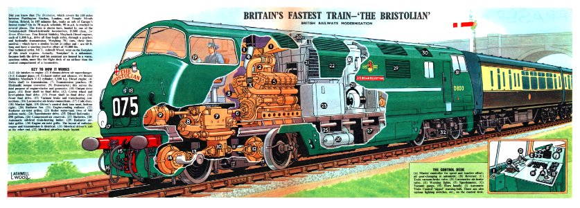 TRAIN E BR CLASS 42 WARSHIP - BRISTOLIAN WARSHIP CLASS DIESEL HYDRAULIC LOCOMOTIVE D800 - SIR BRIAN ROBERTSON - EAGLE CUTAWAY 1960-12-17 - ART BY L ASHWELL WOOD