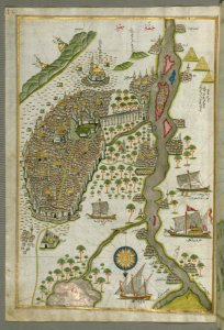 Illuminated Manuscript Map of Cairo, from Book on Navigation, Walters Ms. W.658, fol. 305b. Free illustration for personal and commercial use.