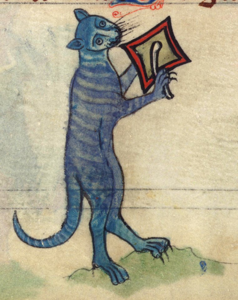 Book of Hours, Cat beating cymbal, from a marginal cycle of images of the funeral of Renard the Fox, Walters Manuscript W.102, fol. 78v detail. Free illustration for personal and commercial use.