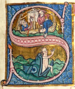 Carrow Psalter, Sailors throw Jonah overboard/Jonah in mouth of whale, Walters Manuscript W.34, fol. 131r detail