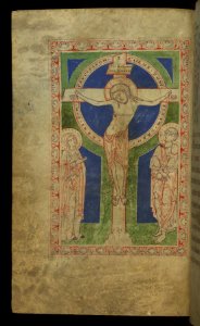 Illuminated Manuscript, Melk Missal, Crucifixion, Walters Art Museum Ms. W.33, fol. 2v. Free illustration for personal and commercial use.