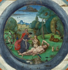 Illuminated Manuscript, Bible (part), Creation of the world, and Eve, Walters Manuscript W.805, fol. 6v detail