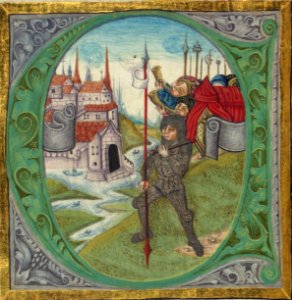 Illuminated Manuscript, Bible (part), Joshua in silver armor leads the assault on Jericho, Walters Manuscript W.805, fol. 124v. Free illustration for personal and commercial use.