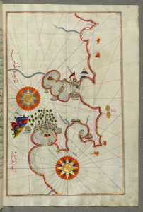 Illuminated Manuscript, Map of the coast of Tunisia with the ports of Bizerte (Binzert) and Tunis (Ṭūnūs) from Book on Navigation, Walters Art Museum Ms. W.658, fol.277b