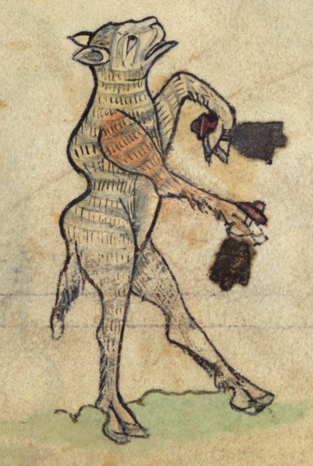 Book of Hours, Sheep ringing bells, from a marginal cycle of images of the funeral of Renard the Fox, Walters Manuscript W.102, fol. 73r detail