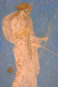 Roman fresco depicting Diana the huntress recovered from Vesuvian Ash in Stabiae 1st century BCE-1st century CE (22). Free illustration for personal and commercial use.