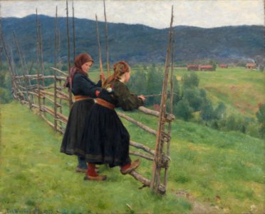 Telemarksjenter. Title: September. Oljemaleri av Erik Werenskiold, 1883. Google Art Project