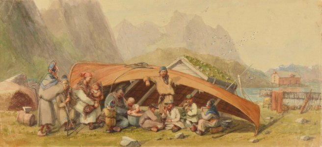Samer ved tjeldet båt av Hans Johan Frederik Berg 1870-årene. Norge