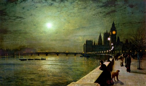 John Atkinson Grimshaw - Reflections on the Thames, Westminster. Free illustration for personal and commercial use.