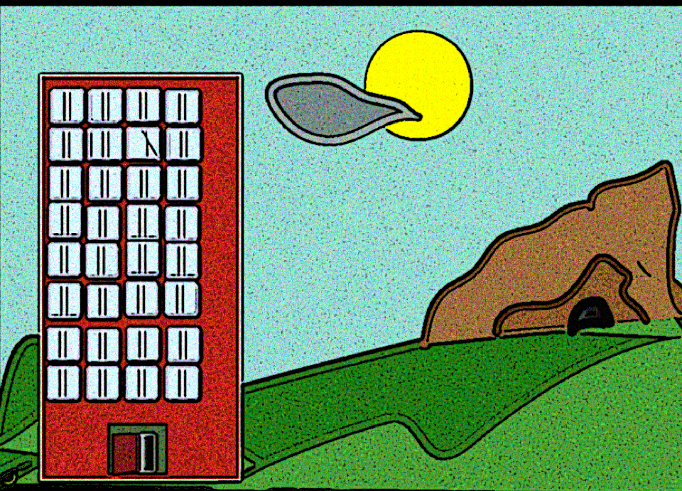 illustration house, mountain, sky, sun, building