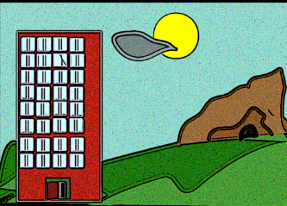 illustration house, mountain, sky, sun, building