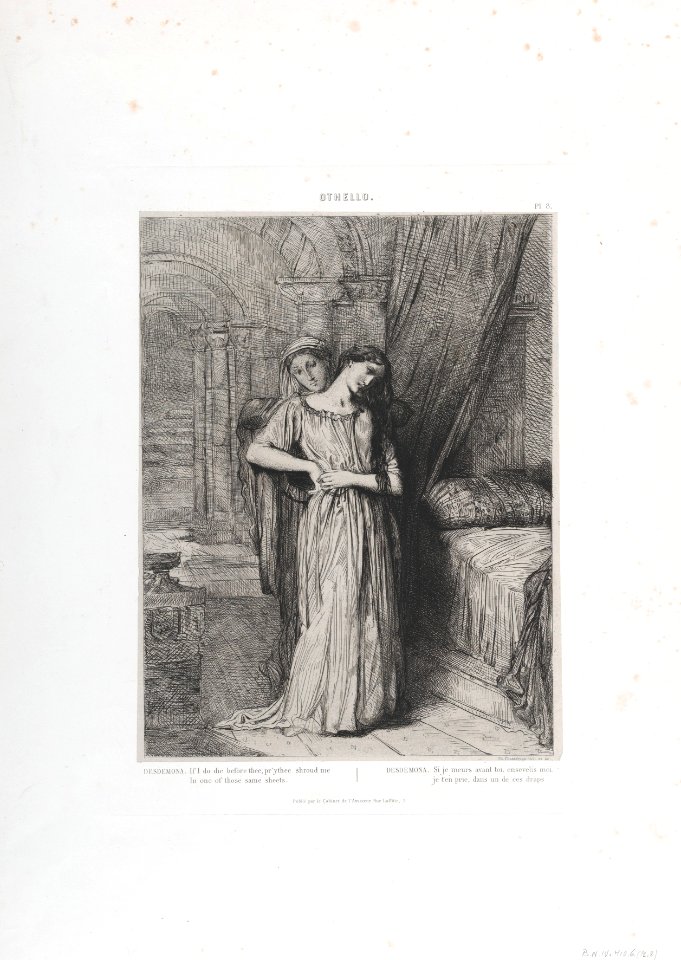 "If I do die before thee, pr'ythee shroud me in one of those same sheets"- plate 8 from Othello (Act 4, Scene 3) MET DP858694
