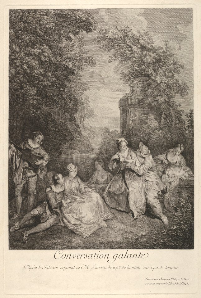 'Gallant conversation' (Conversation galante)- couples engage in conversation in a garden setting, at left a musician plays for the group, at right a woman holds a reclining lap dog MET DP831908