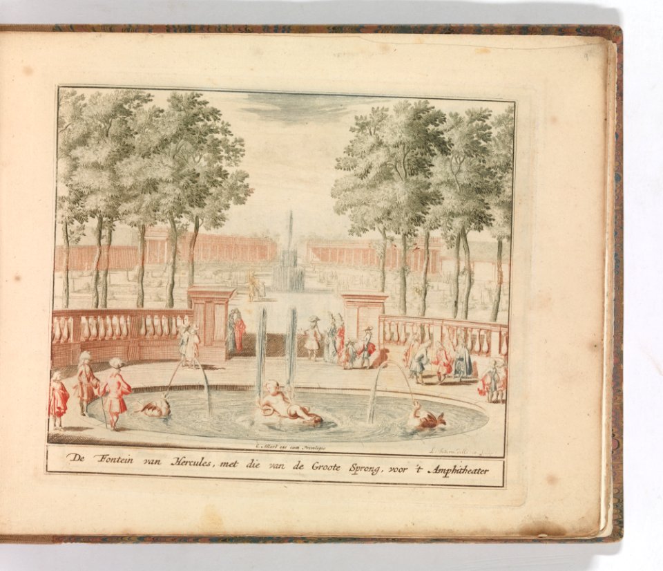 'De Fontein van Hercules, met die van de Groote Sprong, voor 't Amphitheater', in- Tooneel Der Voornaamste Nederlands Huizen, En Lust Hoven, Naar T Leven Afgebeeld MET DP-1664-014