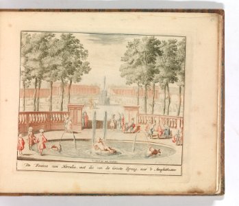 'De Fontein van Hercules, met die van de Groote Sprong, voor 't Amphitheater', in- Tooneel Der Voornaamste Nederlands Huizen, En Lust Hoven, Naar T Leven Afgebeeld MET DP-1664-014