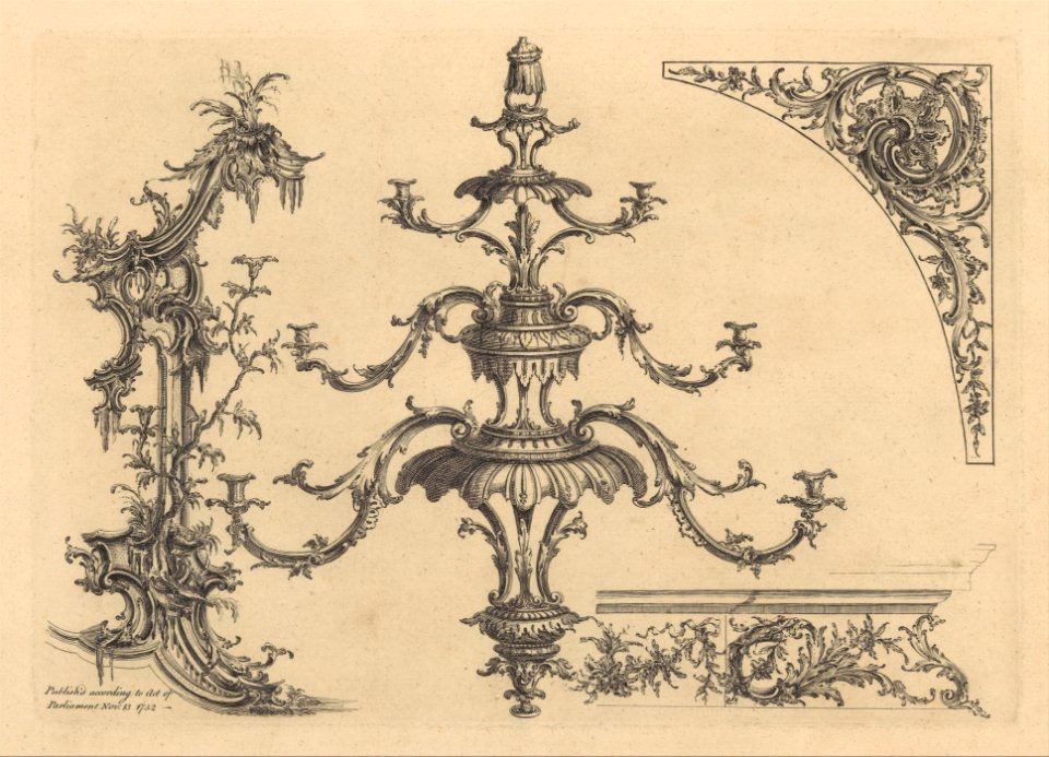 12 plates from 'A New Book of Ornaments with Twelve Leaves Consisting of Chimneys, Sconces, Tables, Spandle Panels, Spring Clock Cases, Stands, a Chandelier and Girandole, etc.' MET DP251074