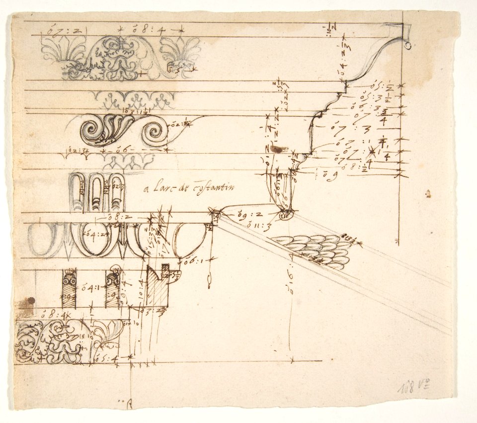 -Arch of Constantine-, cornice, elevation in profile, ornamental detailing (recto) blank (verso) MET DP810832
