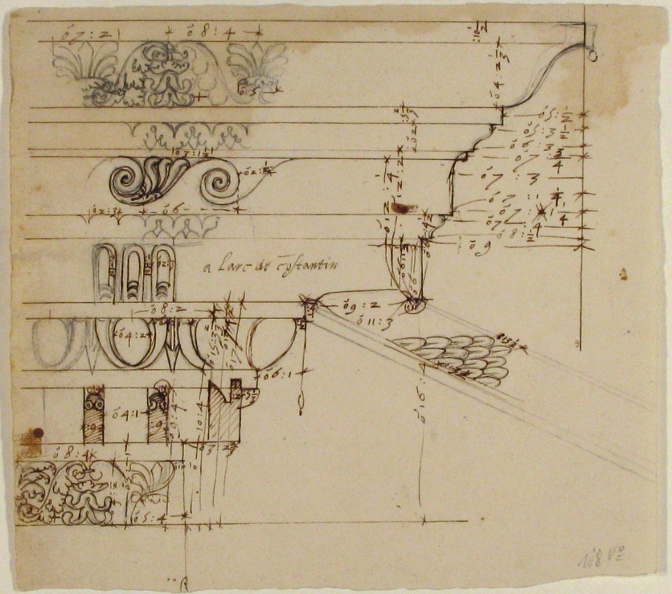 -Arch of Constantine-, cornice, elevation in profile, ornamental detailing (recto) blank (verso) MET 68.769.18