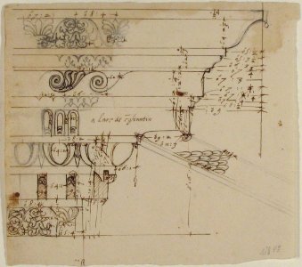 -Arch of Constantine-, cornice, elevation in profile, ornamental detailing (recto) blank (verso) MET 68.769.18