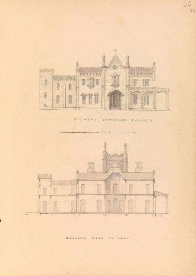 "Belmead", James River, Virginia- Entrance façade and west-east section (recto); North-south section and upper floorplan (verso) MET DP306748