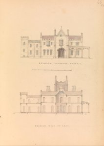 "Belmead", James River, Virginia- Entrance façade and west-east section (recto); North-south section and upper floorplan (verso) MET DP306748