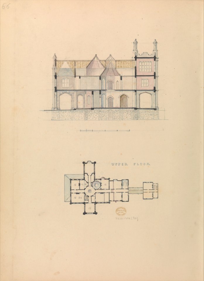 "Belmead", James River, Virginia- Entrance façade and west-east section (recto); North-south section and upper floorplan (verso) MET DP314124