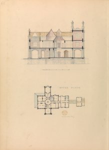 "Belmead", James River, Virginia- Entrance façade and west-east section (recto); North-south section and upper floorplan (verso) MET DP314124