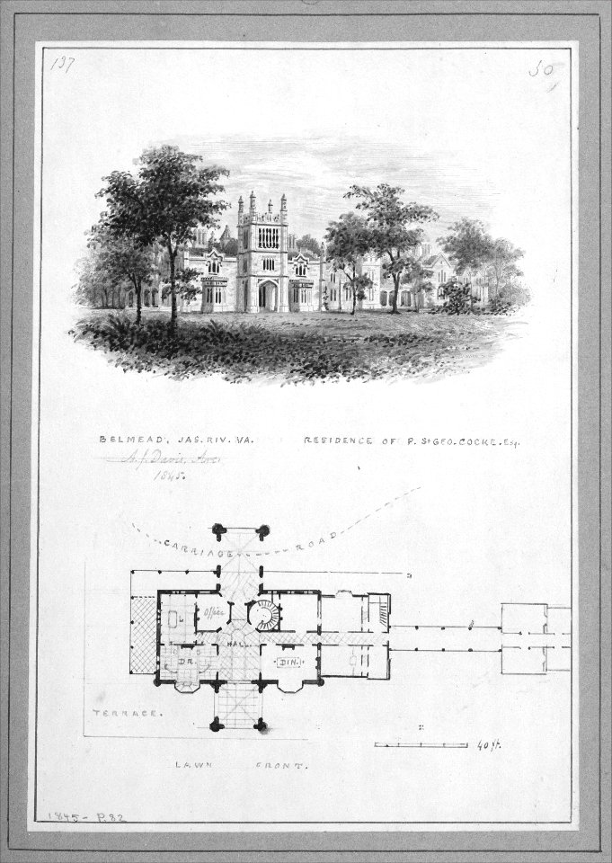 "Belmead", James River, Virginia, Residence of Philip St. George Cocke (vignette of riverside elevation and plan) MET MM75519
