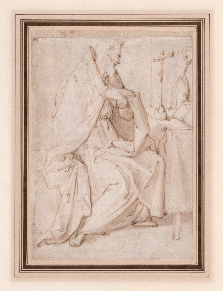 (recto) Seated Bishop Saint Praying Before a Crucifix; (verso) the cropped figure of a youth Met DP889902