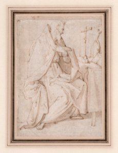 (recto) Seated Bishop Saint Praying Before a Crucifix; (verso) the cropped figure of a youth Met DP889902