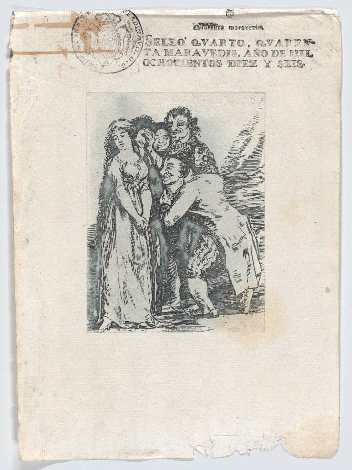 'What a sacrifice', a young woman surrounded by a group of men, which includes her fiancé, a rich hunchback, copy in reverse of Goya's Plate 14 from 'Los Caprichos' MET DP870769