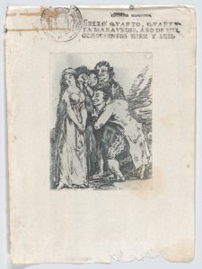 'What a sacrifice', a young woman surrounded by a group of men, which includes her fiancé, a rich hunchback, copy in reverse of Goya's Plate 14 from 'Los Caprichos' MET DP870769