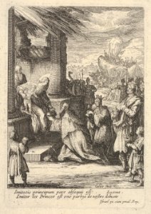 Adoration of the Magi, with Mary bracing Jesus with her right hand and reaching for a gift with her left, a long procession extending into a hilly background, children at bottom left and right bearing vessels MET DP833458