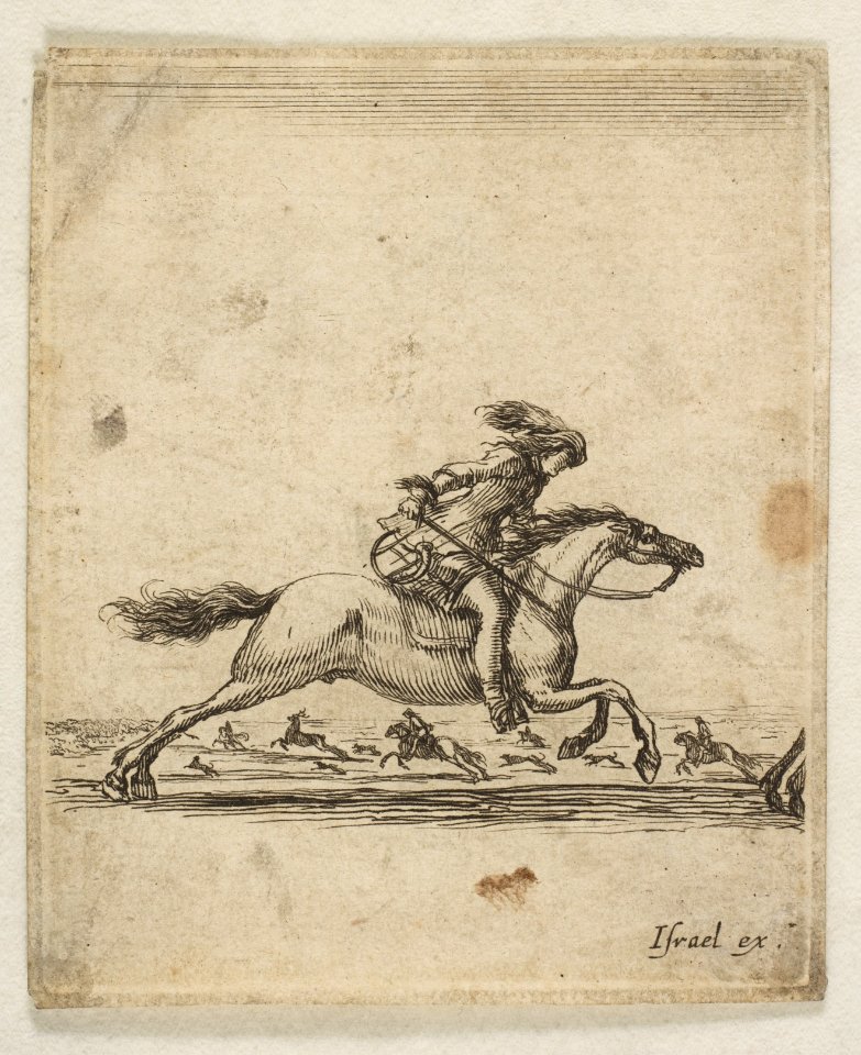 A horseman with sword in hand galloping towards the right, other horsemen galloping towards the left in the background, from 'Various cavalry exercises' (Diverses exercices de cavalerie) MET DP817567