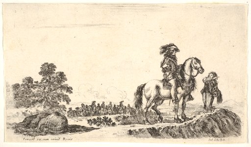 A horseman facing right in profile asking a young man for directions, a dead horse to left, a group of horsemen to left in the background, from 'Various figures and lands' (Diverse figure e paesi) MET DP833212
