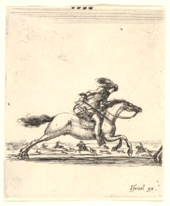 A horseman with sword in hand galloping towards the right, other horsemen galloping towards the left in the background, from 'Various cavalry exercises' (Diverses exercices de cavalerie) MET DP833157