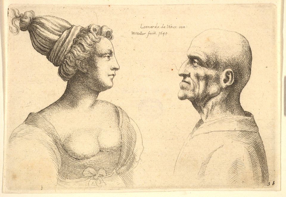 A female with hair tied back and a bald male facing each other MET DP823738