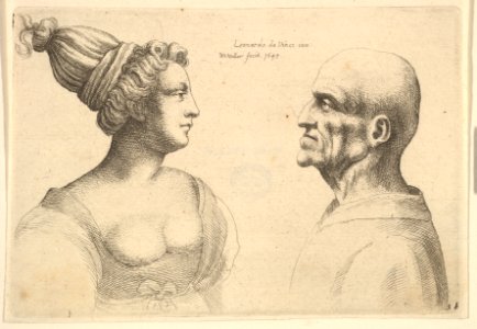 A female with hair tied back and a bald male facing each other MET DP823738