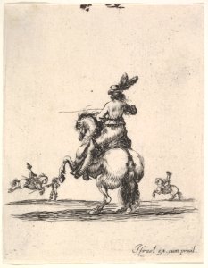 A horseman atop a rearing horse, seen from behind and turned towards the left, two horsemen in the background, from 'Various cavalry exercises' (Diverses exercices de cavalerie) MET DP833145
