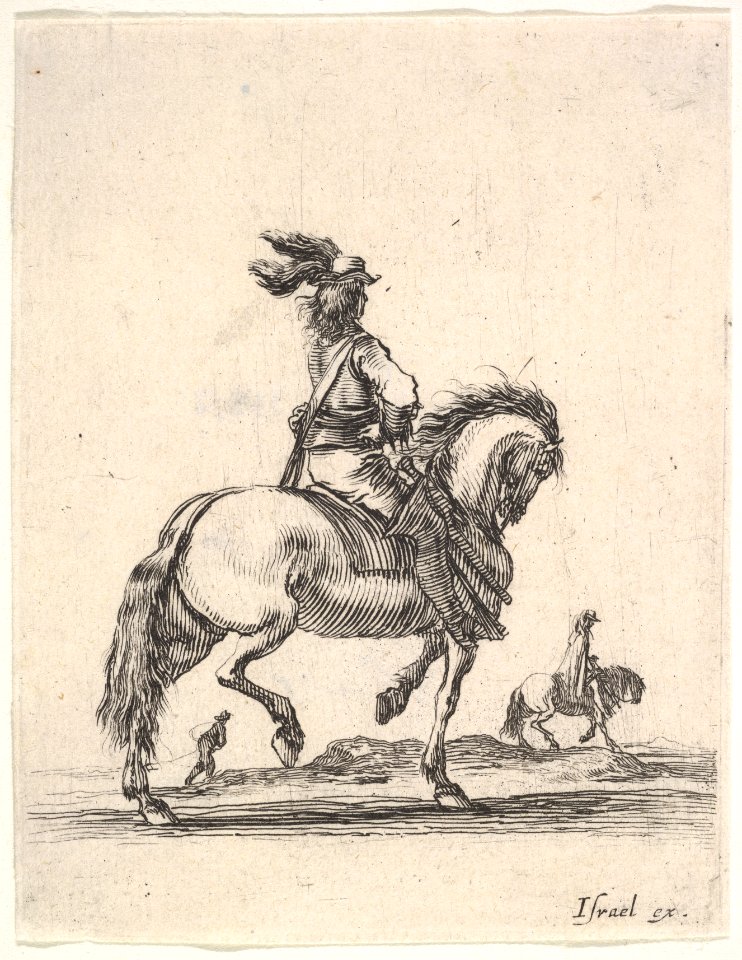 A horseman in center, walking towards the right, a horseman and a footsoldier in the background, seen from behind, from 'Various cavalry exercises' (Diverses exercices de cavalerie) MET DP833144